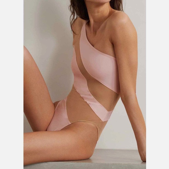 Norma Kamali One-shoulder Mesh-Panel Snake Swimsuit In Blush Sz M - Picture 2 of 9